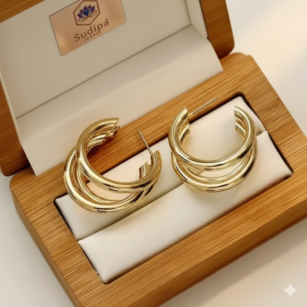 Sudipa Jewels Korean Golden Simple Curved Triple Hoop Earrings For Women/Girls