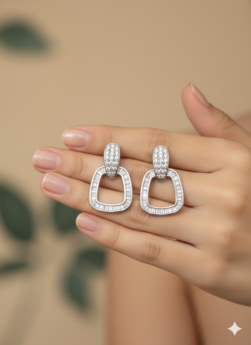 Diamond Studded Open Square Drop Earrings