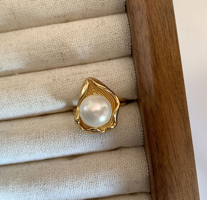 Gold Plated Anti Tarnish Pearl Adjustable Ring