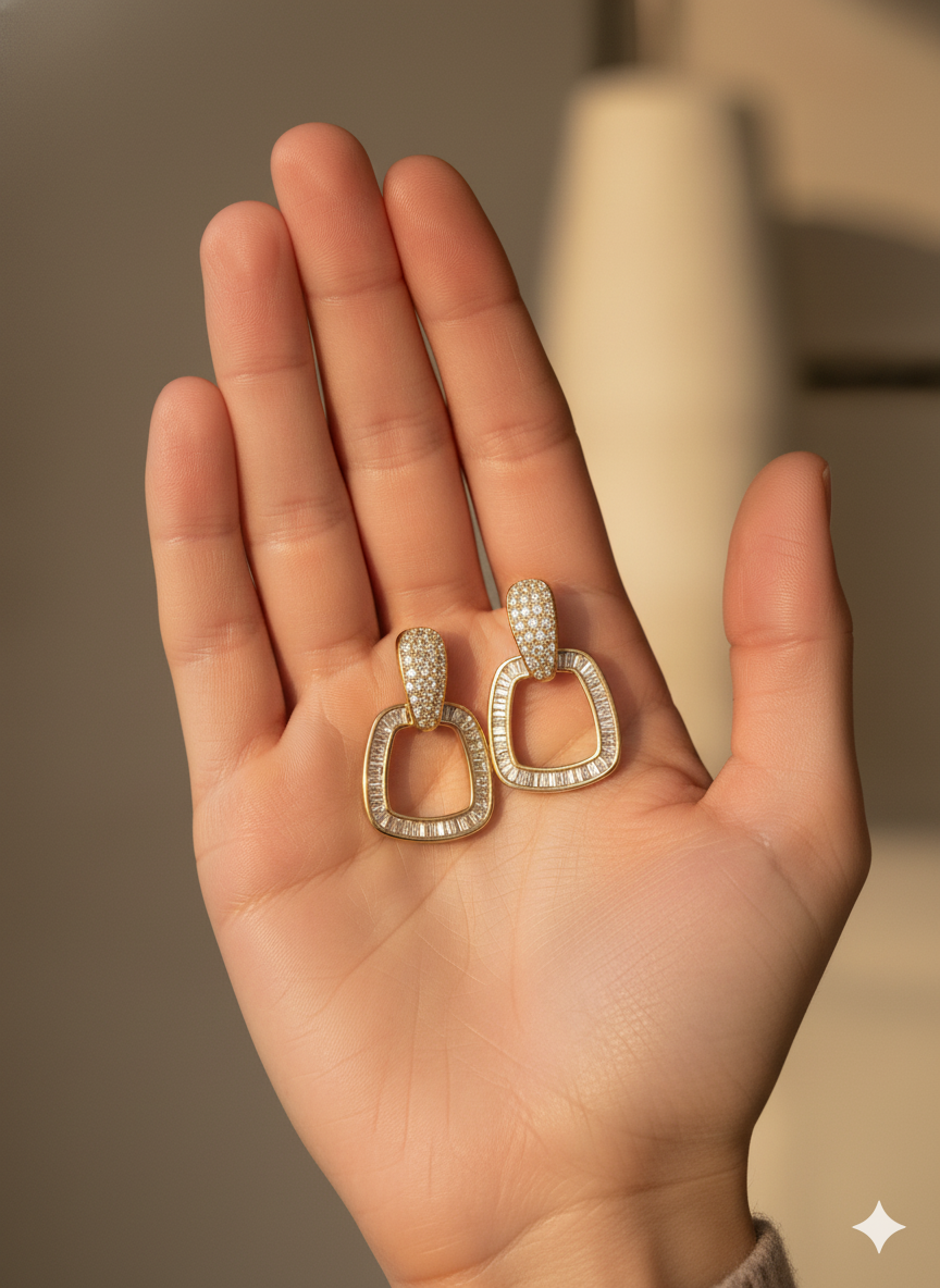 Diamond-Studded Open Square Drop Earrings