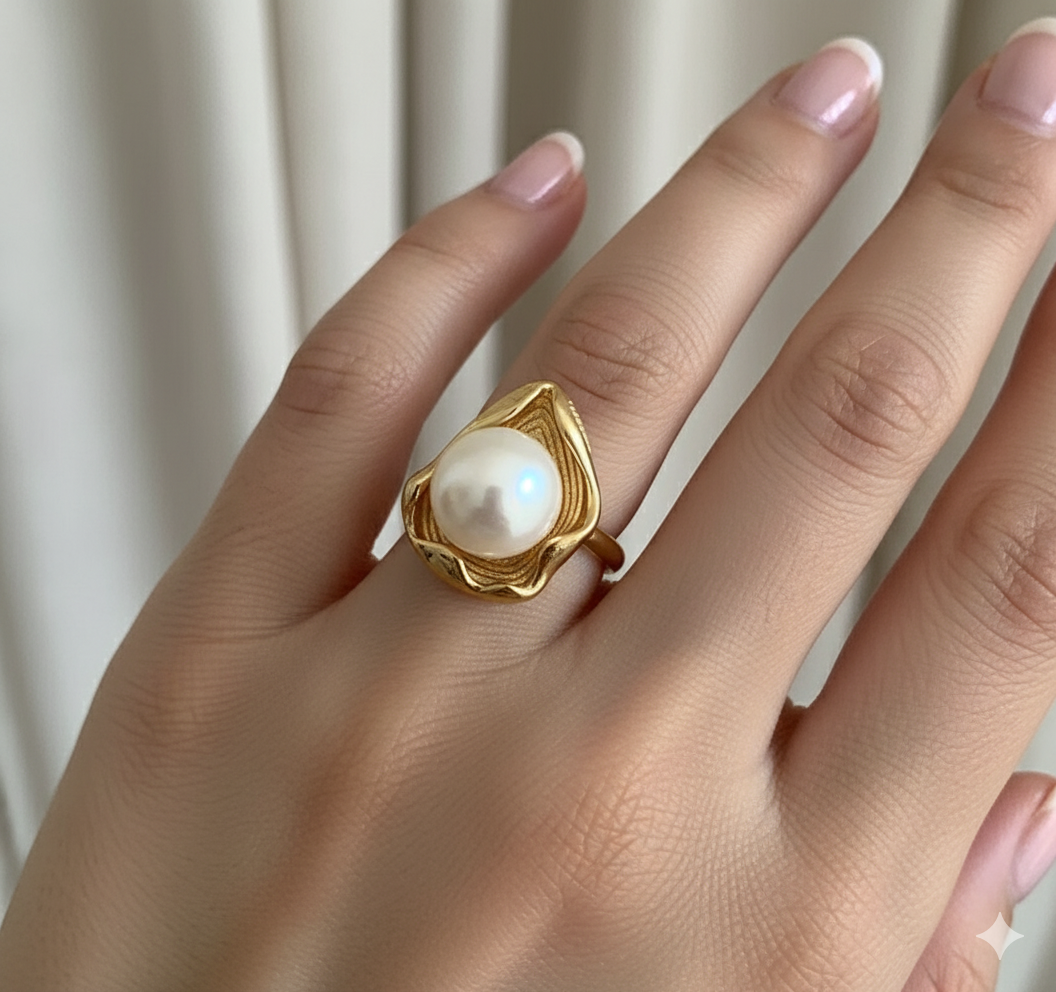 Gold Plated Anti Tarnish Pearl Adjustable Ring
