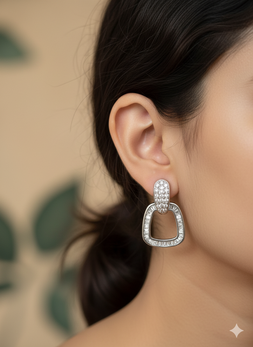 Diamond Studded Open Square Drop Earrings