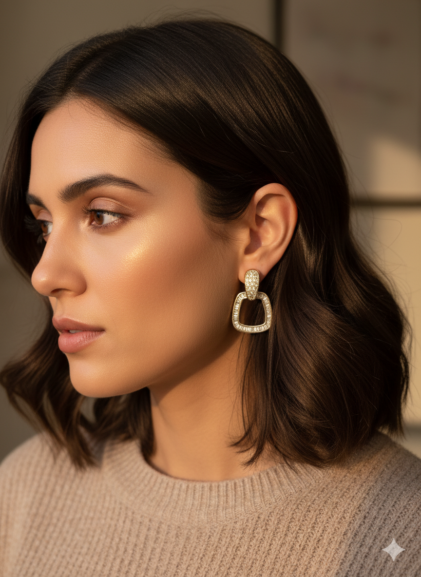 Diamond-Studded Open Square Drop Earrings